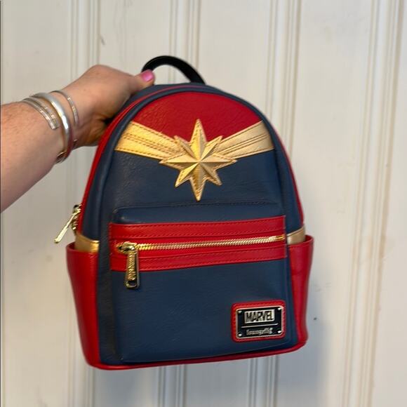 Loungefly marvel captain marvel red white blue mini vegan leather backpack nwt - Picture 1 of 5